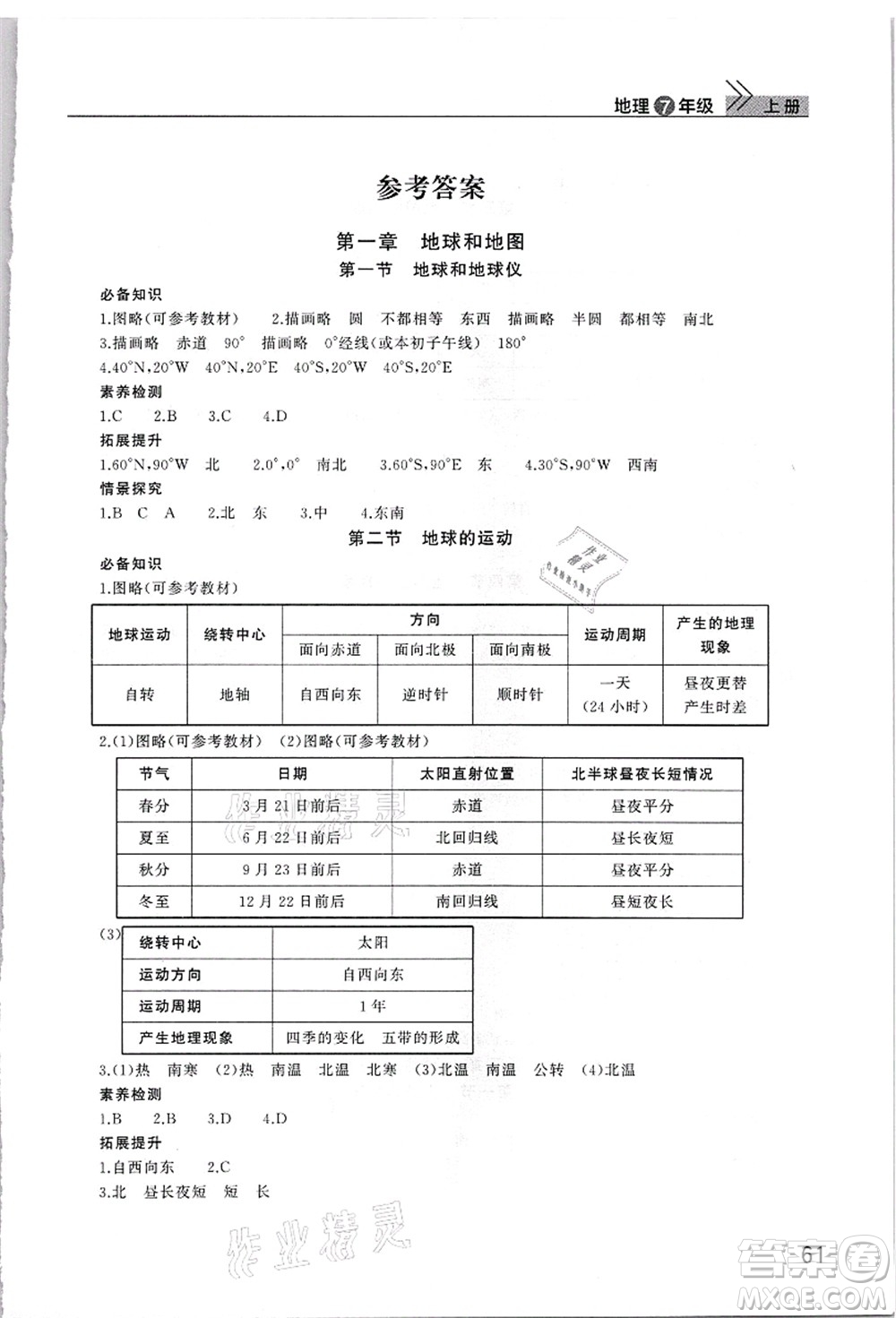 武漢出版社2021智慧學(xué)習(xí)天天向上課堂作業(yè)七年級地理上冊人教版答案