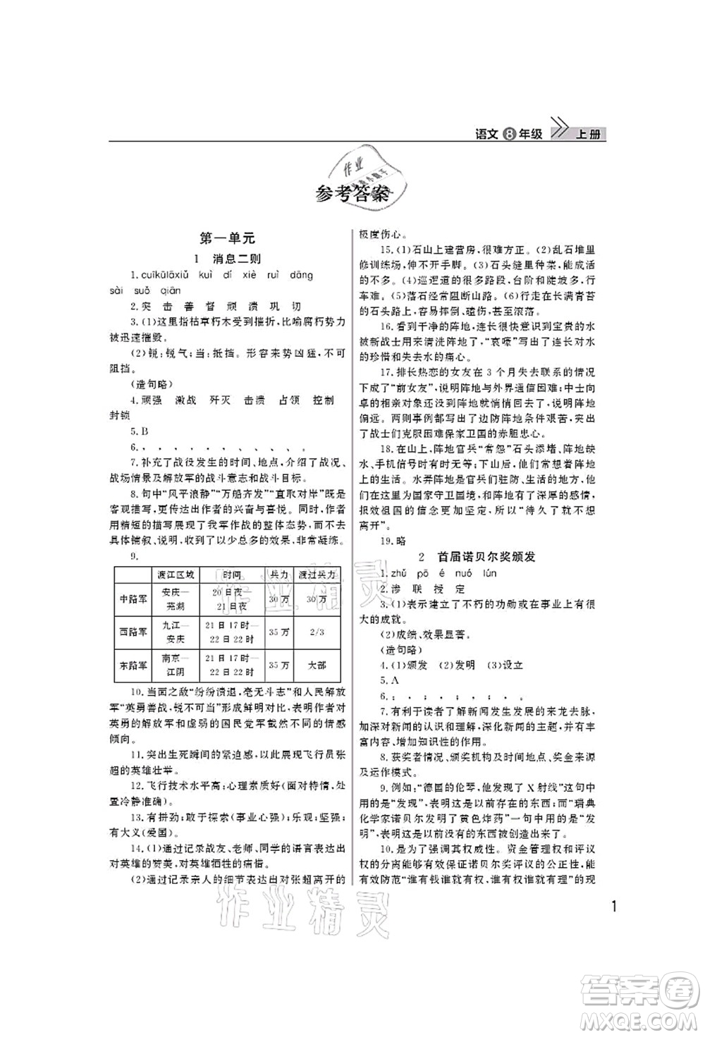 武漢出版社2021智慧學習天天向上課堂作業(yè)八年級語文上冊人教版答案