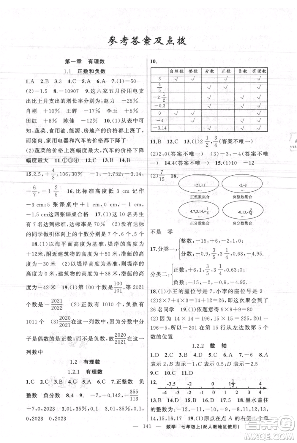 新疆青少年出版社2021黃岡100分闖關(guān)七年級上冊數(shù)學(xué)人教版參考答案