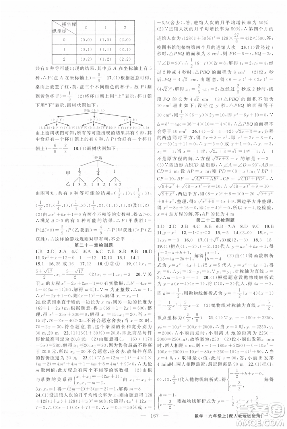 新疆青少年出版社2021黃岡100分闖關(guān)九年級(jí)上冊(cè)數(shù)學(xué)人教版參考答案