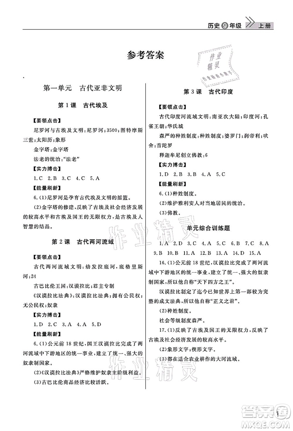 武漢出版社2021智慧學(xué)習(xí)天天向上課堂作業(yè)九年級(jí)歷史上冊(cè)人教版答案