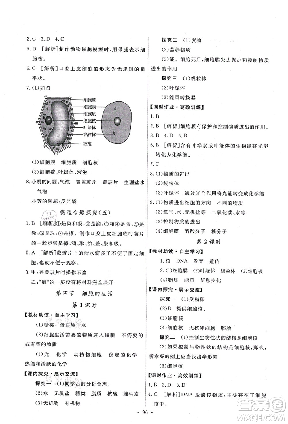 人民教育出版社2021能力培養(yǎng)與測試七年級生物上冊人教版答案