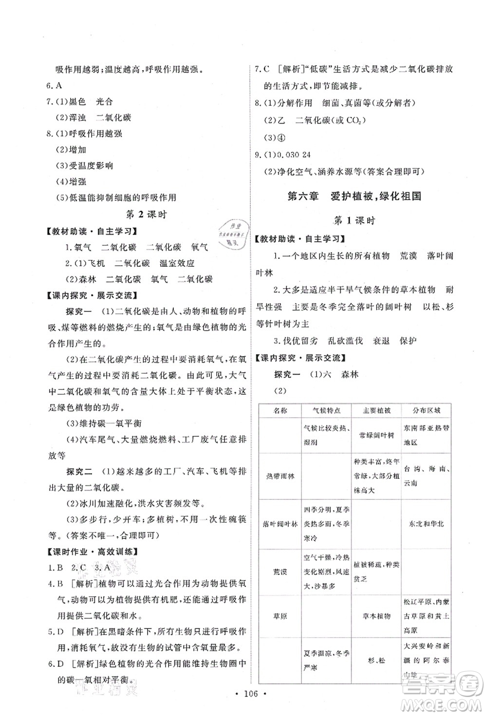 人民教育出版社2021能力培養(yǎng)與測試七年級生物上冊人教版答案