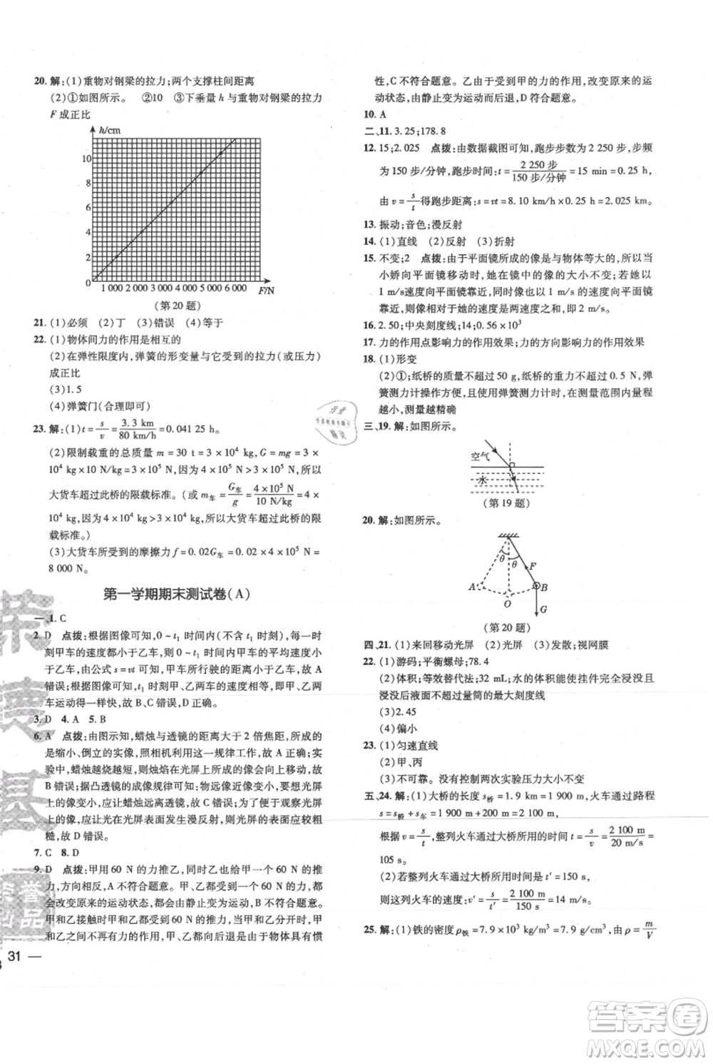 吉林教育出版社2021點撥訓練課時作業(yè)本八年級上冊物理滬科版參考答案