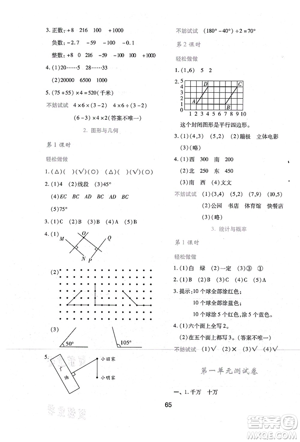 陜西人民教育出版社2021新課程學(xué)習(xí)與評(píng)價(jià)四年級(jí)數(shù)學(xué)上冊(cè)C版北師大版答案