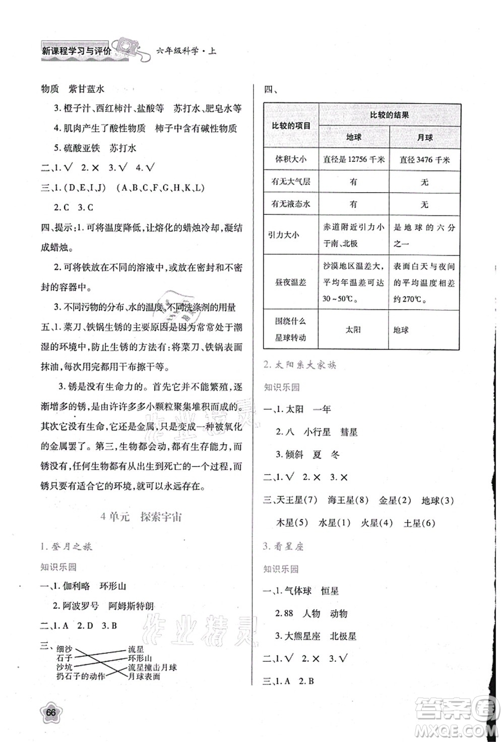 陜西人民教育出版社2021新課程學習與評價六年級科學上冊B版蘇教版參考答案