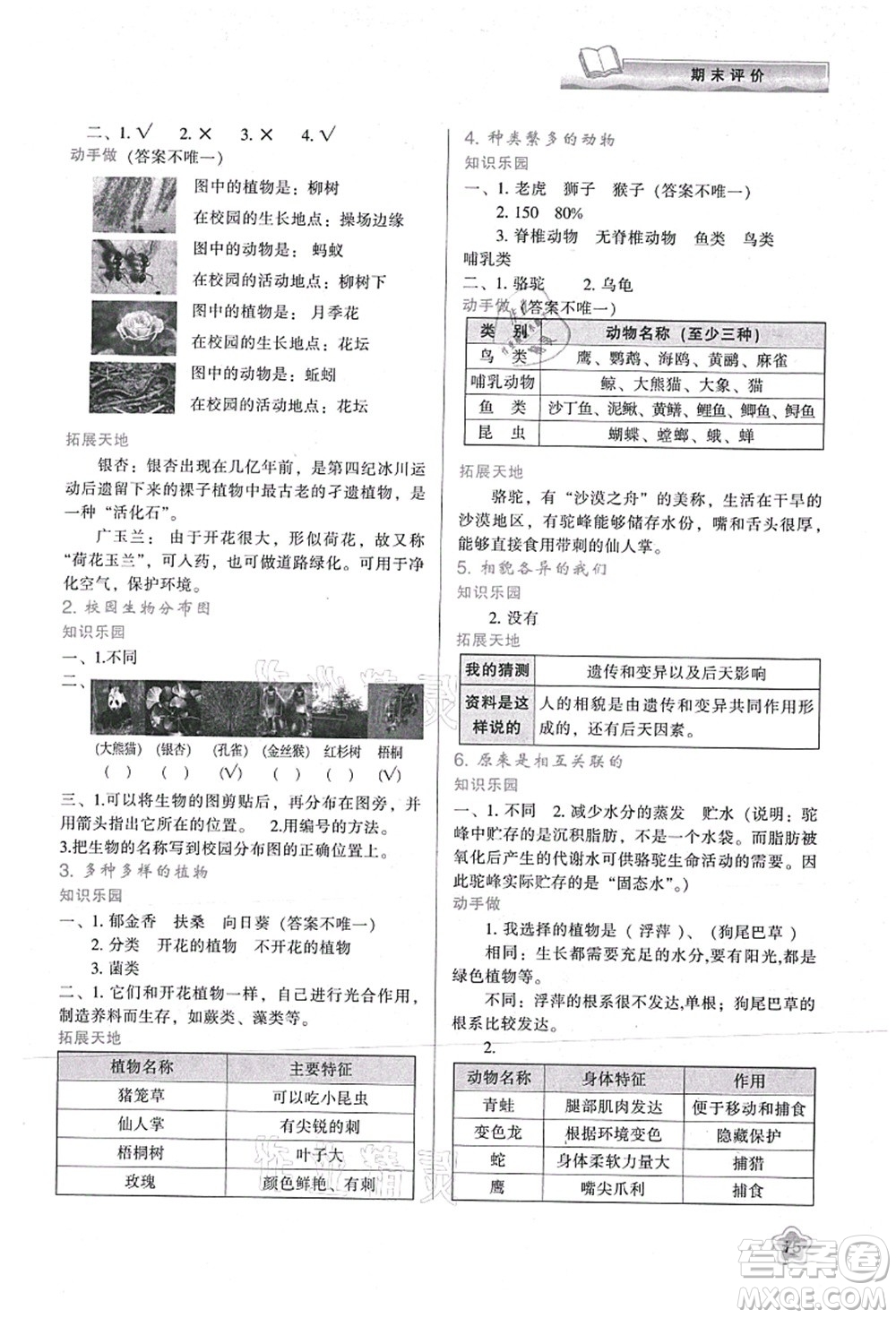 陜西人民教育出版社2021新課程學習與評價六年級科學上冊K版教科版參考答案