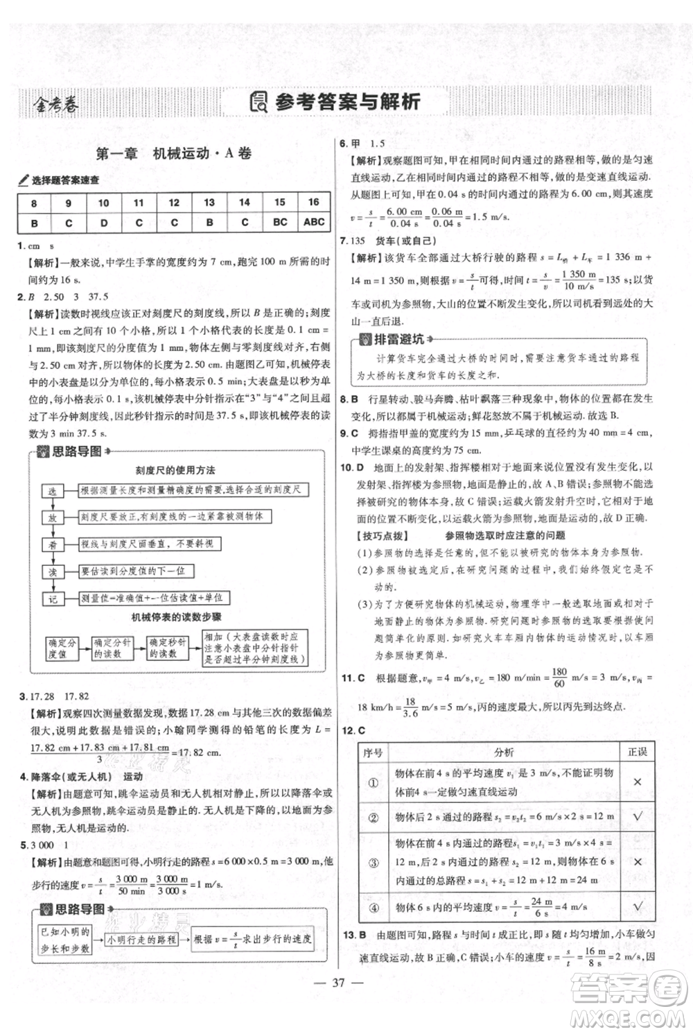 延邊教育出版社2021金考卷活頁題選初中同步單元雙測卷八年級(jí)上冊(cè)物理人教版參考答案