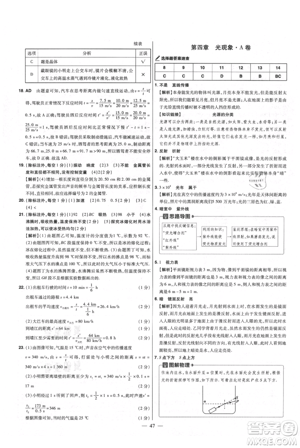 延邊教育出版社2021金考卷活頁題選初中同步單元雙測卷八年級(jí)上冊(cè)物理人教版參考答案