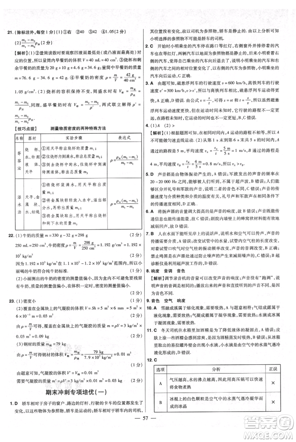 延邊教育出版社2021金考卷活頁題選初中同步單元雙測卷八年級(jí)上冊(cè)物理人教版參考答案