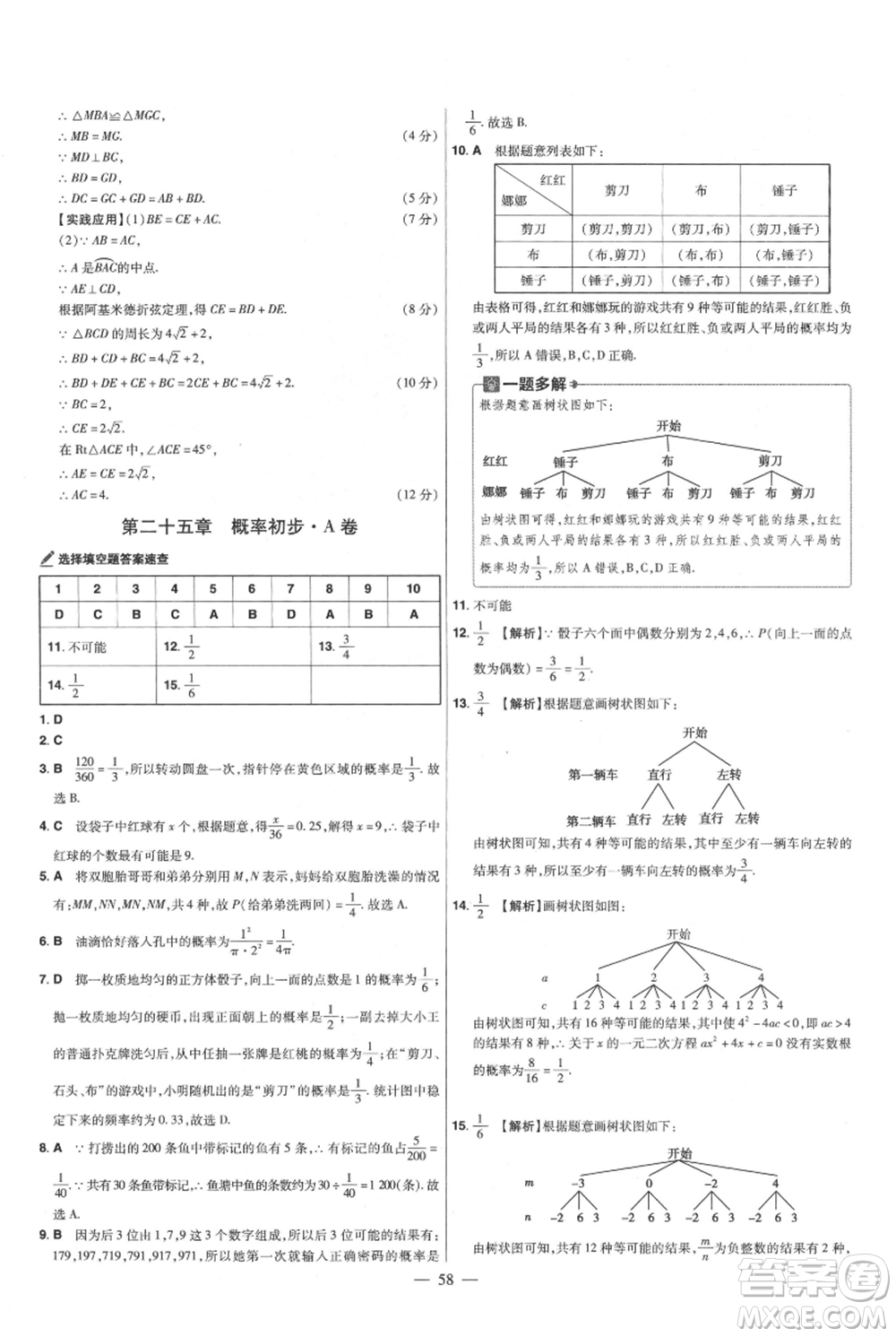 延邊教育出版社2021金考卷活頁題選初中同步單元雙測卷九年級上冊數(shù)學人教版參考答案