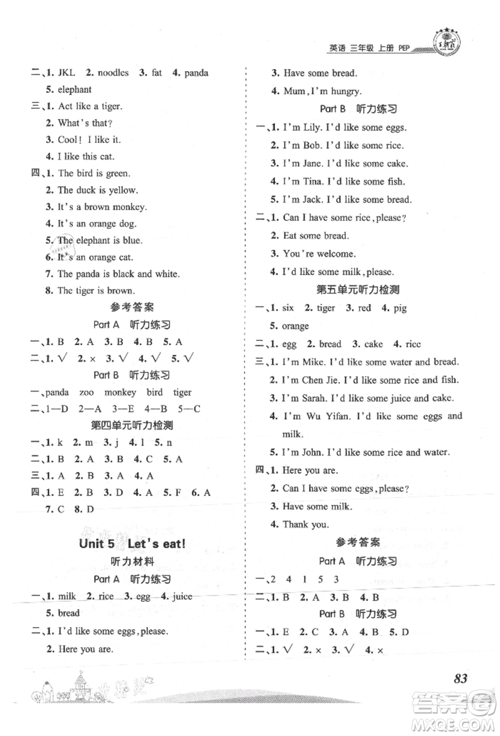 江西人民出版社2021王朝霞創(chuàng)維新課堂同步優(yōu)化訓(xùn)練三年級(jí)上冊(cè)英語(yǔ)人教版參考答案