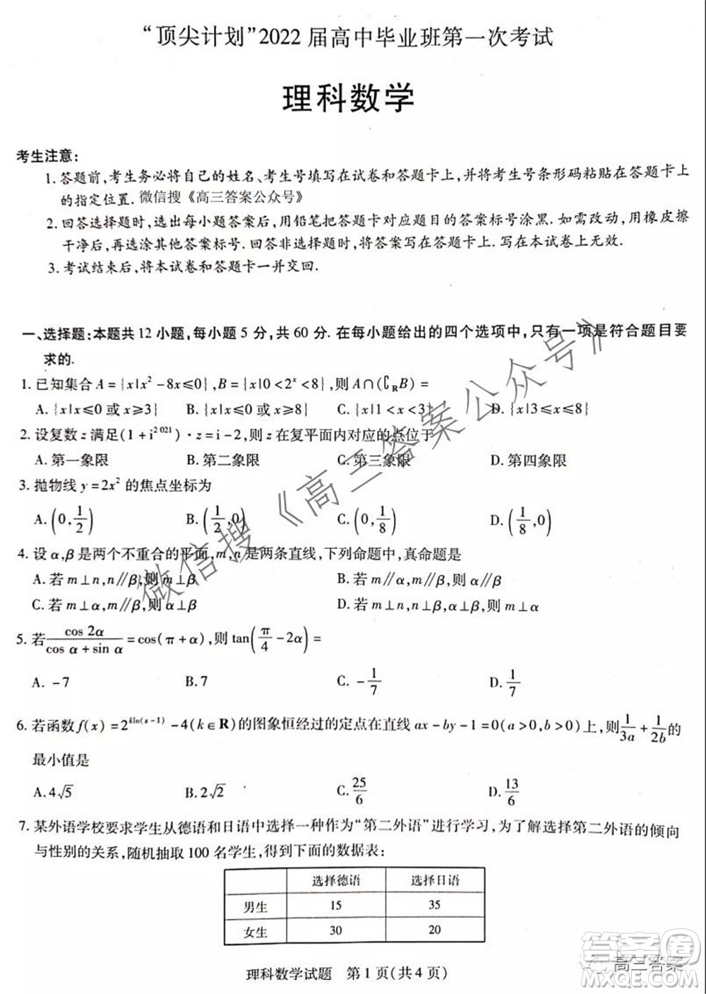 頂尖計(jì)劃2022屆高中畢業(yè)班第一次考試?yán)砜茢?shù)學(xué)試題及答案