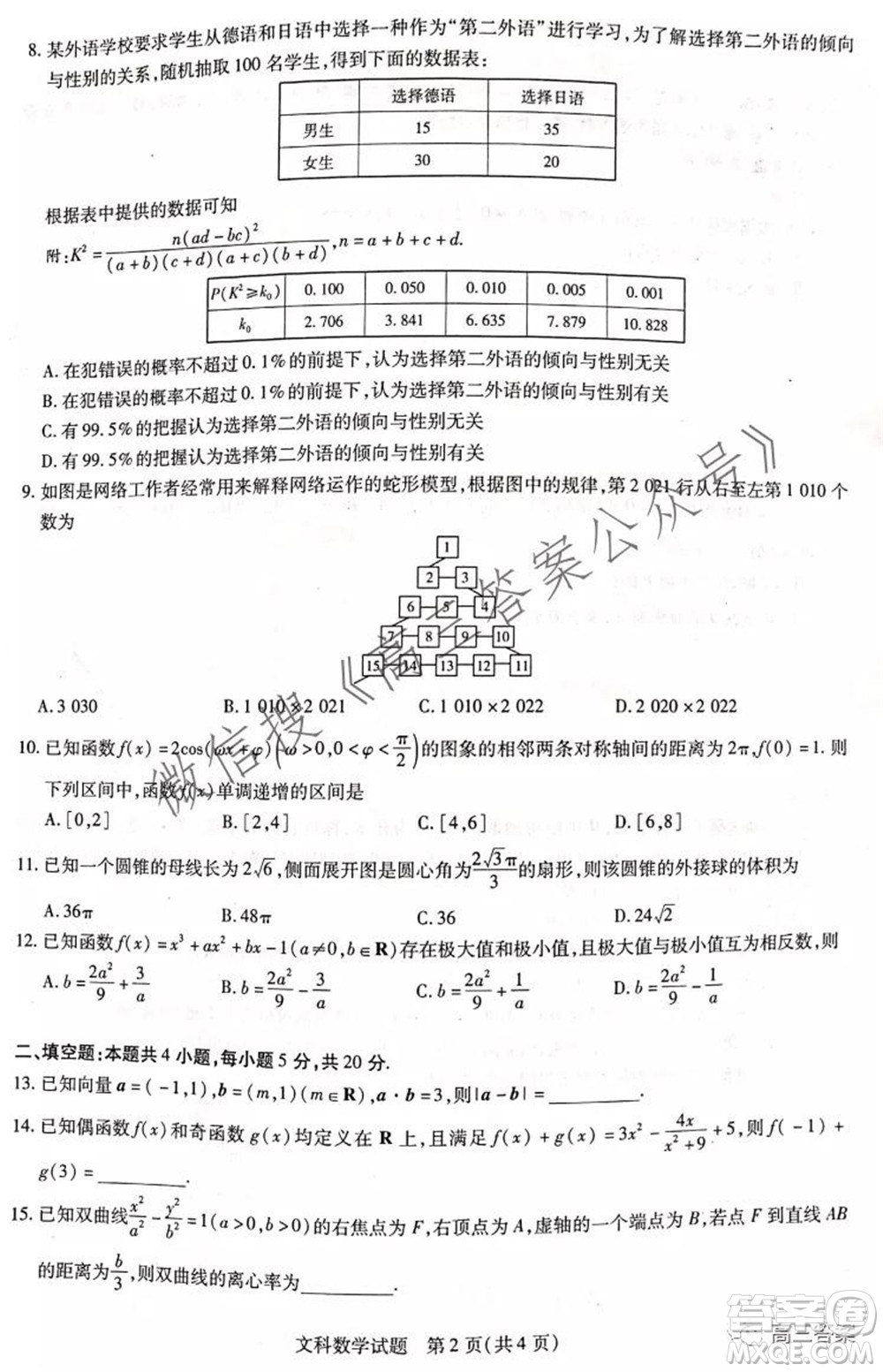 頂尖計劃2022屆高中畢業(yè)班第一次考試文科數(shù)學(xué)試題及答案