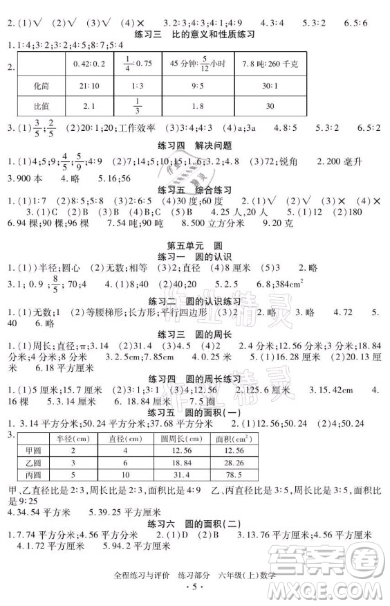 浙江人民出版社2021全程練習(xí)與評價六年級上冊數(shù)學(xué)人教版答案