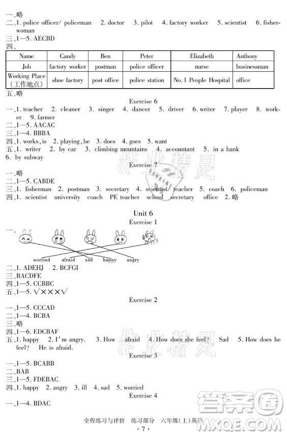 浙江人民出版社2021全程練習與評價六年級上冊英語人教版答案