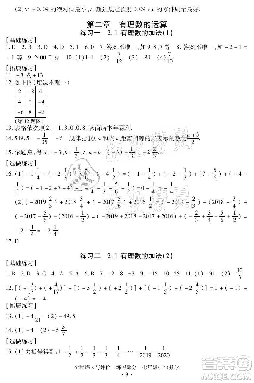 浙江人民出版社2021全程練習與評價七年級上冊數(shù)學浙教版答案