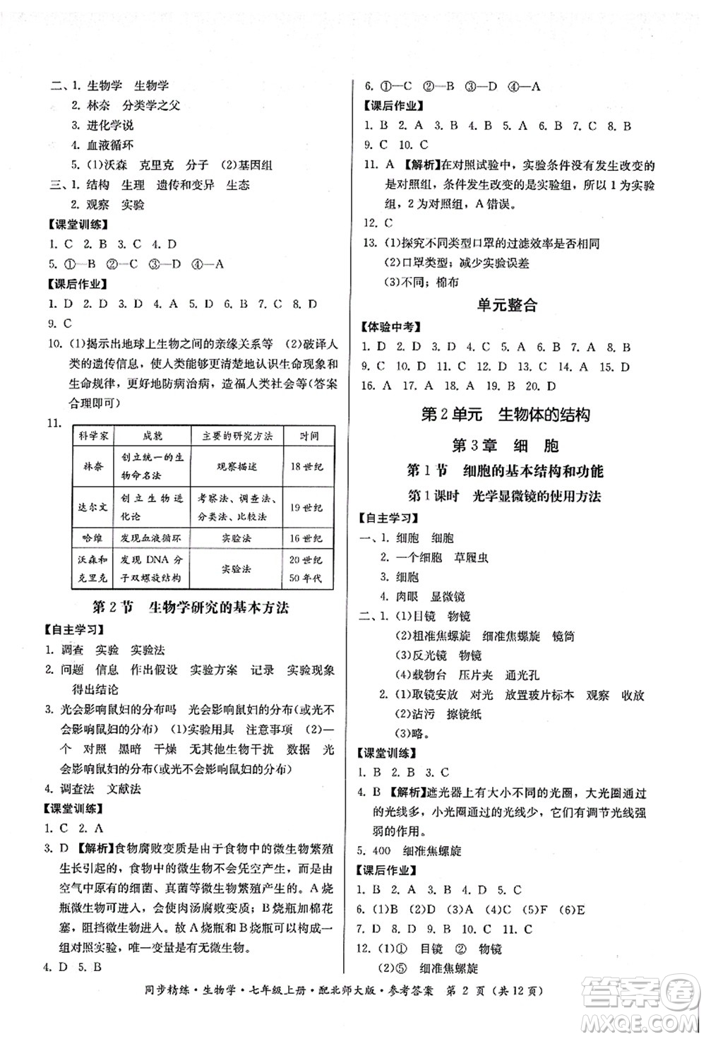 廣東人民出版社2021同步精練七年級生物上冊北師大版答案