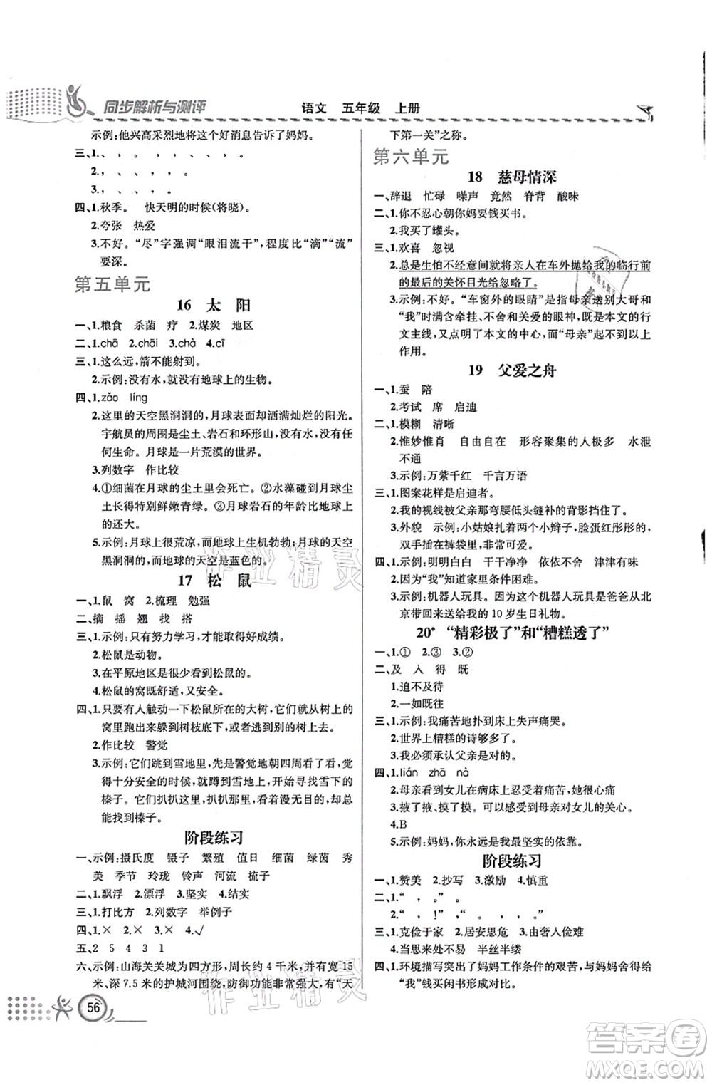 人民教育出版社2021同步解析與測(cè)評(píng)五年級(jí)語文上冊(cè)人教版福建專版答案