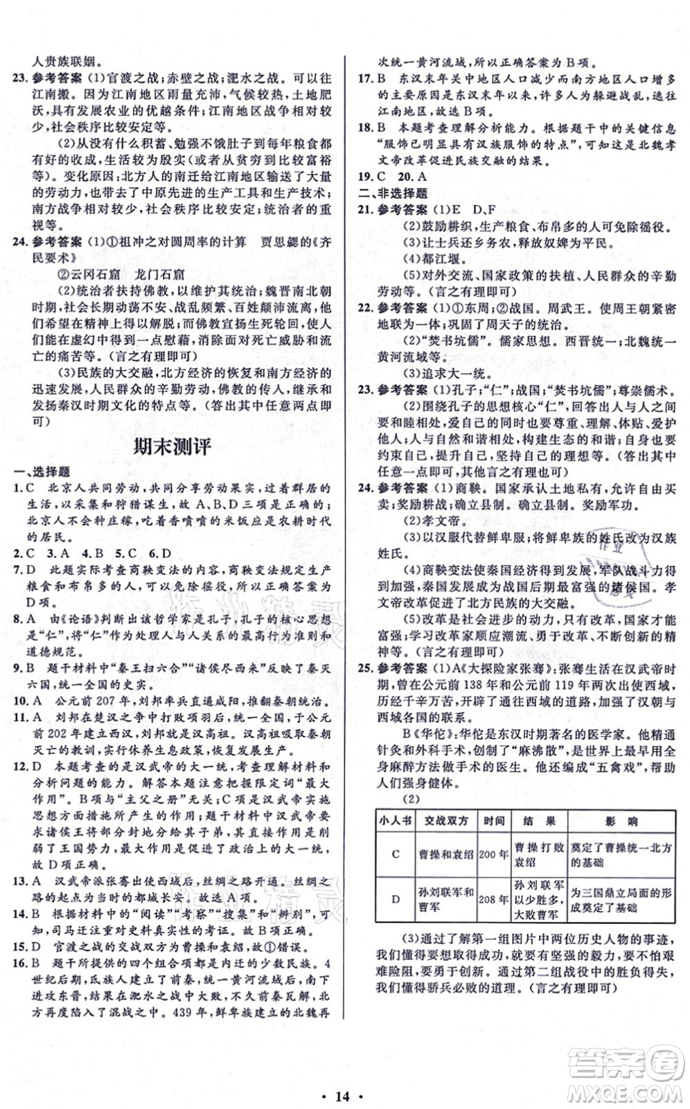 人民教育出版社2021同步解析與測(cè)評(píng)學(xué)考練七年級(jí)歷史上冊(cè)人教版江蘇專版答案