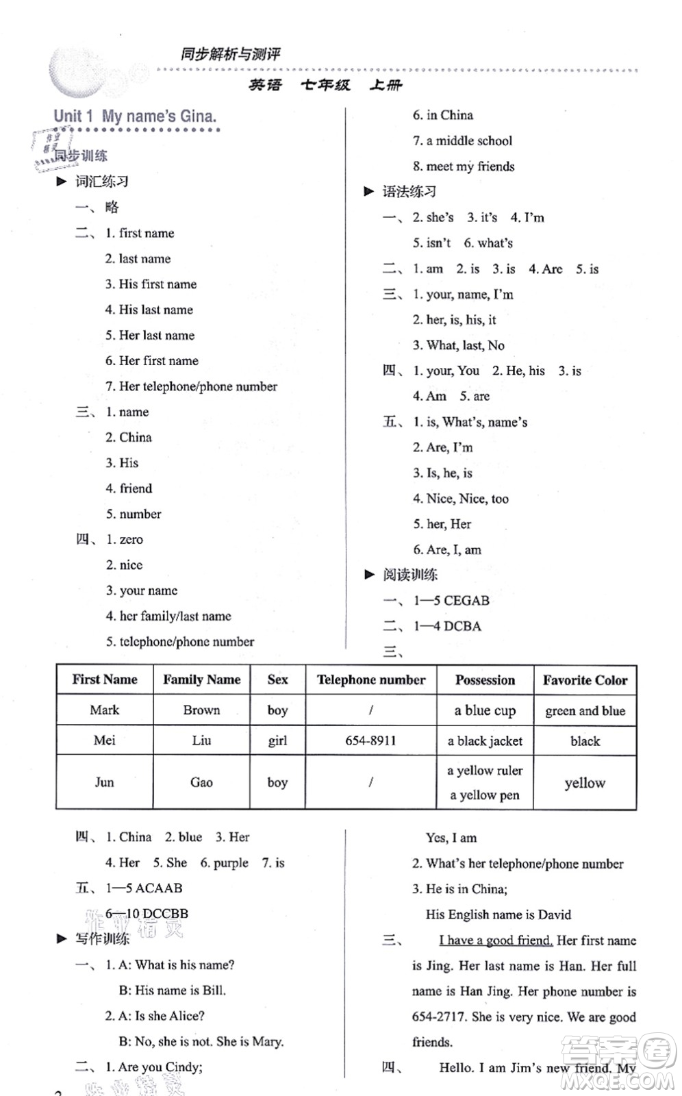 人民教育出版社2021同步解析與測(cè)評(píng)七年級(jí)英語(yǔ)上冊(cè)人教版答案