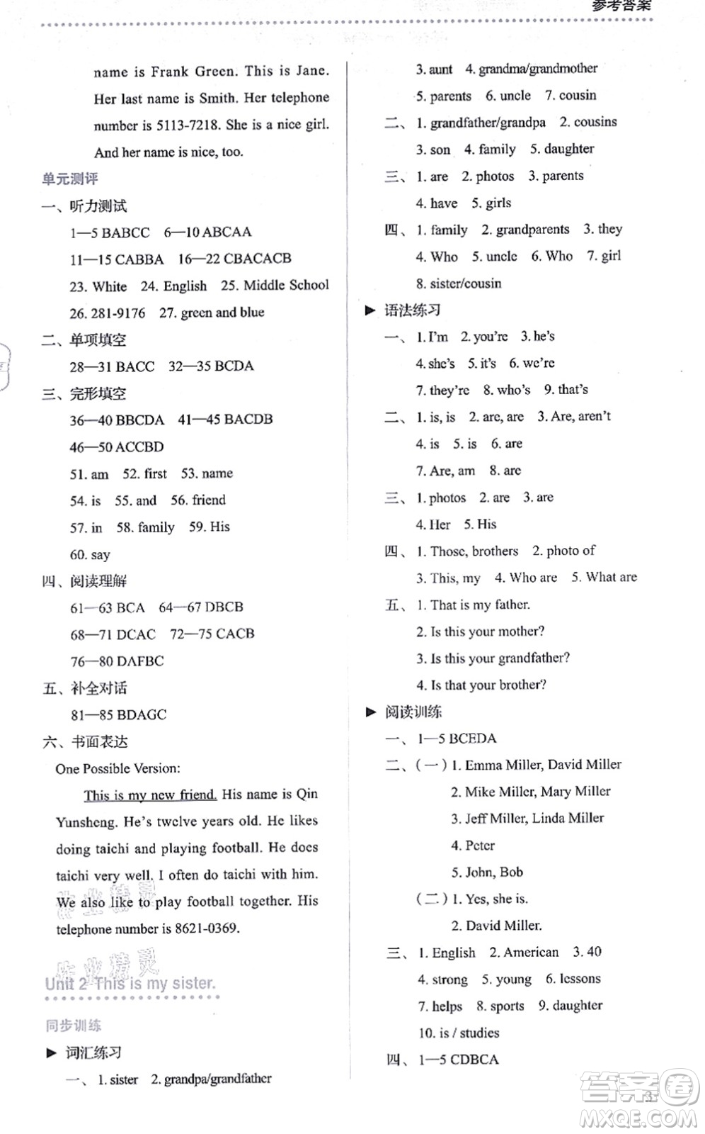 人民教育出版社2021同步解析與測(cè)評(píng)七年級(jí)英語(yǔ)上冊(cè)人教版答案