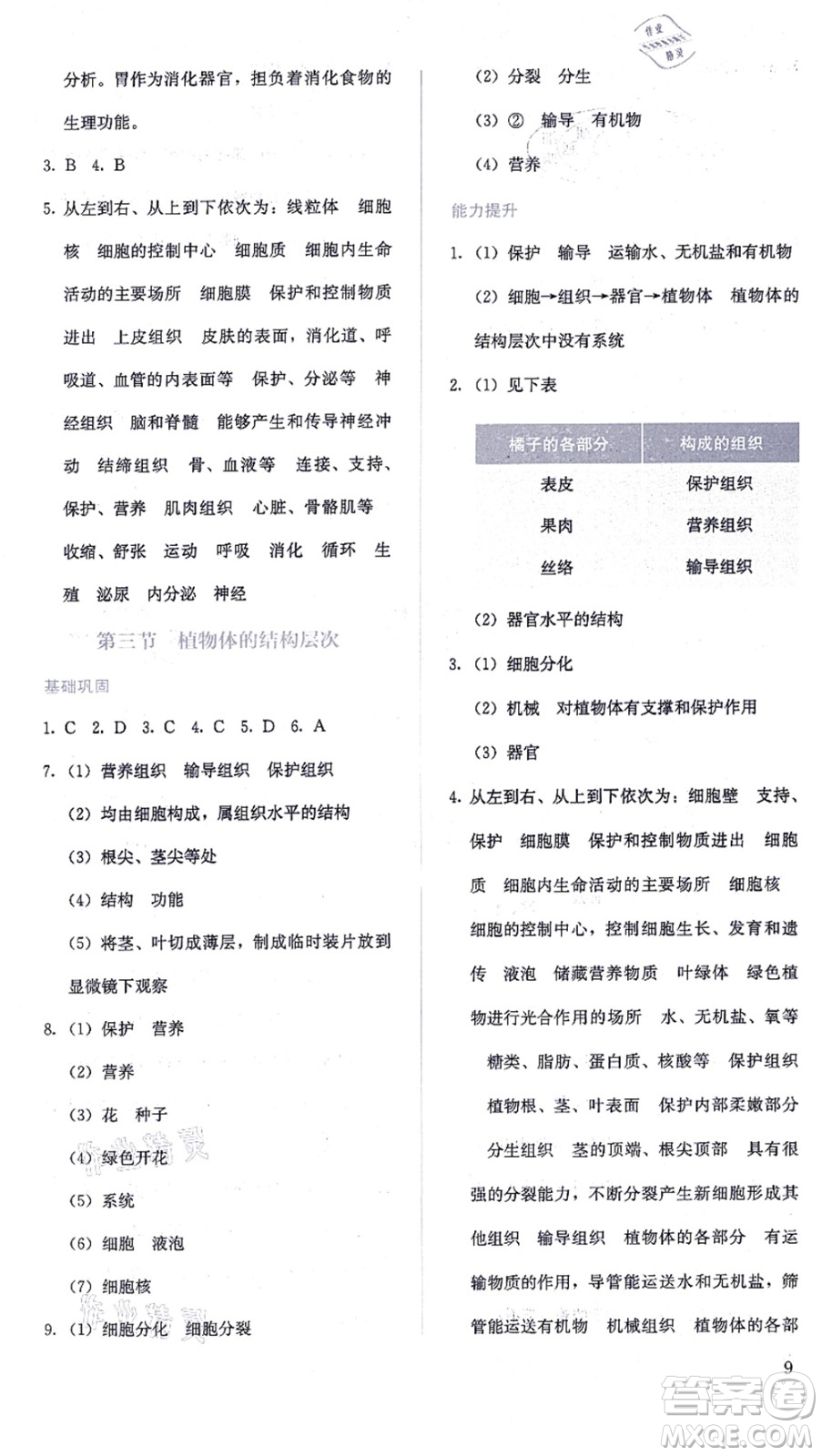 人民教育出版社2021同步解析與測評七年級生物上冊人教版答案