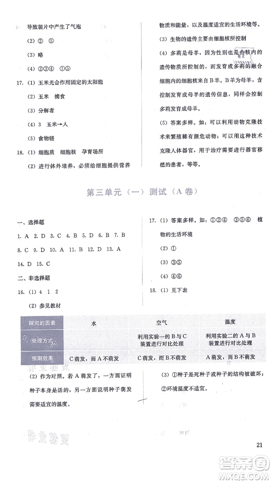 人民教育出版社2021同步解析與測評七年級生物上冊人教版答案