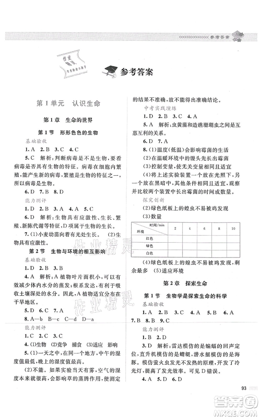 北京師范大學(xué)出版社2021課堂精練七年級生物上冊北師大版答案