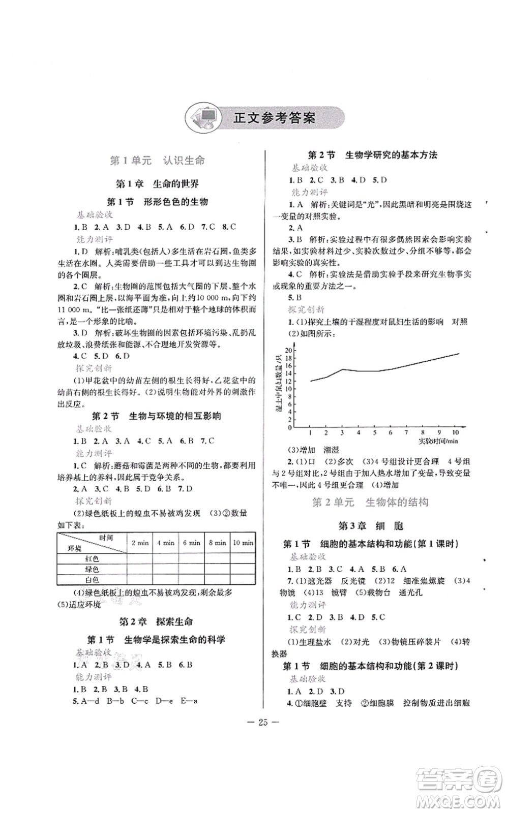 北京師范大學(xué)出版社2021課堂精練七年級生物上冊北師大版單色版答案