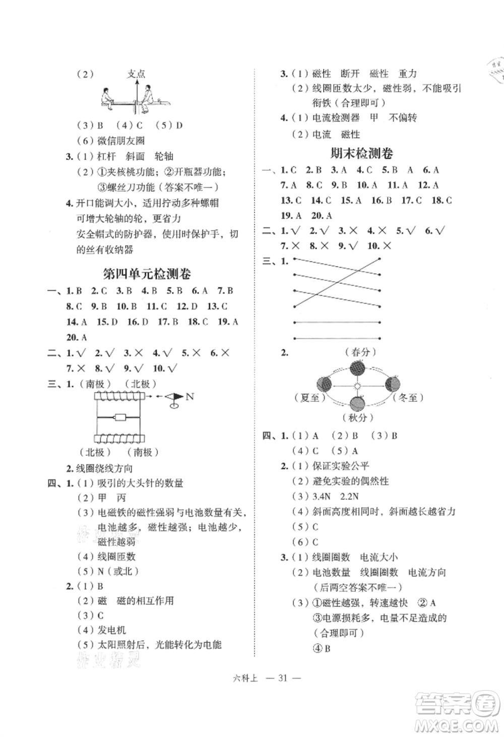 浙江工商大學(xué)出版社2021名師面對(duì)面先學(xué)后練六年級(jí)上冊(cè)科學(xué)人教版參考答案