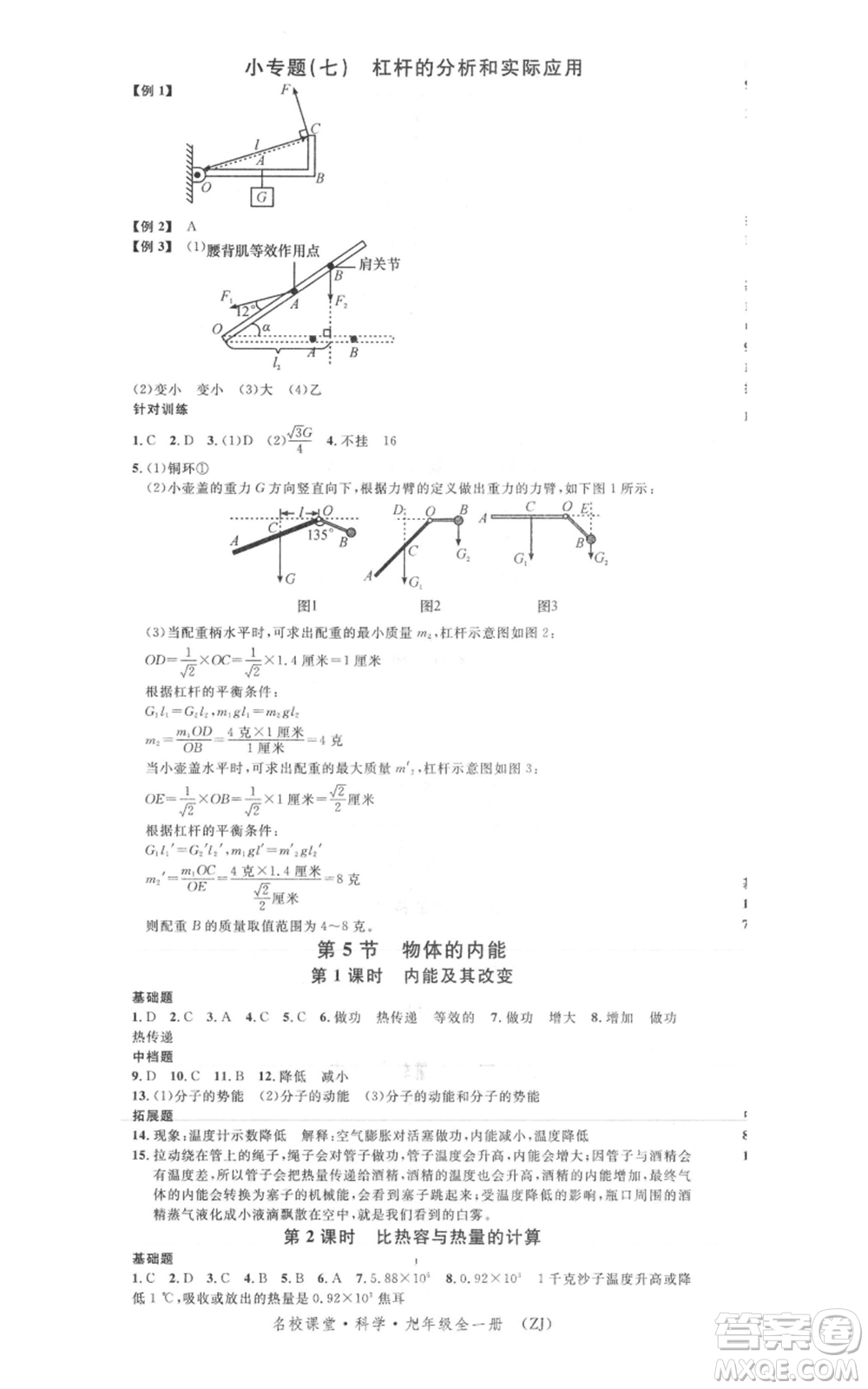 廣東經(jīng)濟(jì)出版社2021名校課堂九年級(jí)科學(xué)浙教版浙江專(zhuān)版參考答案