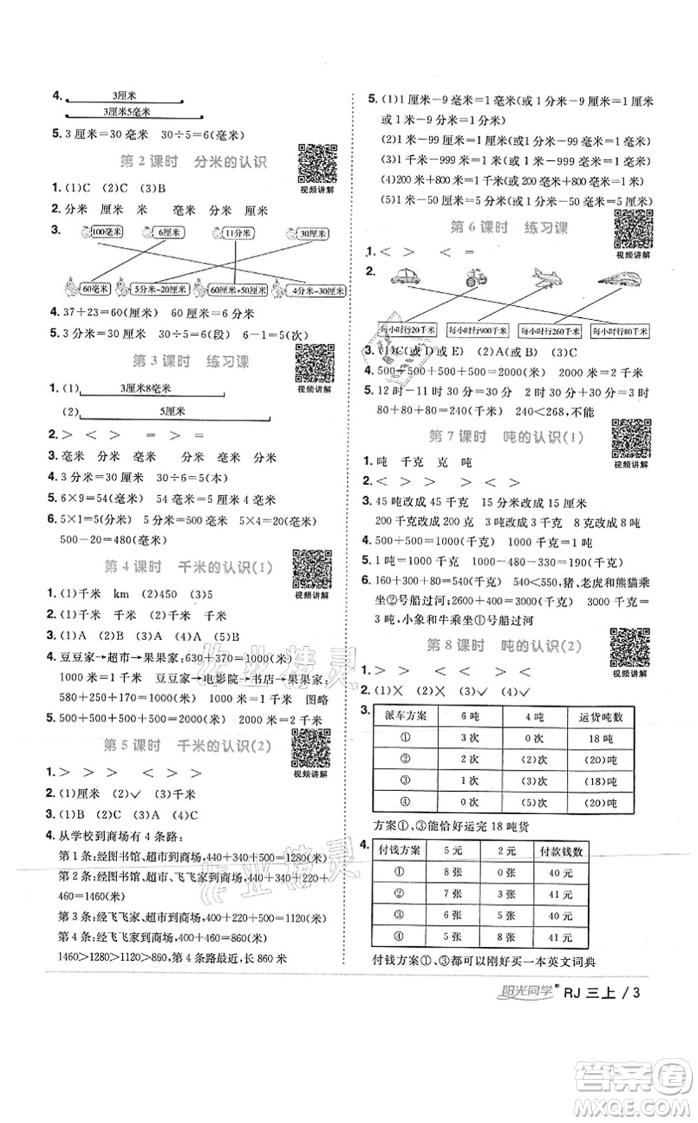 江西教育出版社2021陽(yáng)光同學(xué)課時(shí)優(yōu)化作業(yè)三年級(jí)數(shù)學(xué)上冊(cè)RJ人教版湖北專(zhuān)版答案