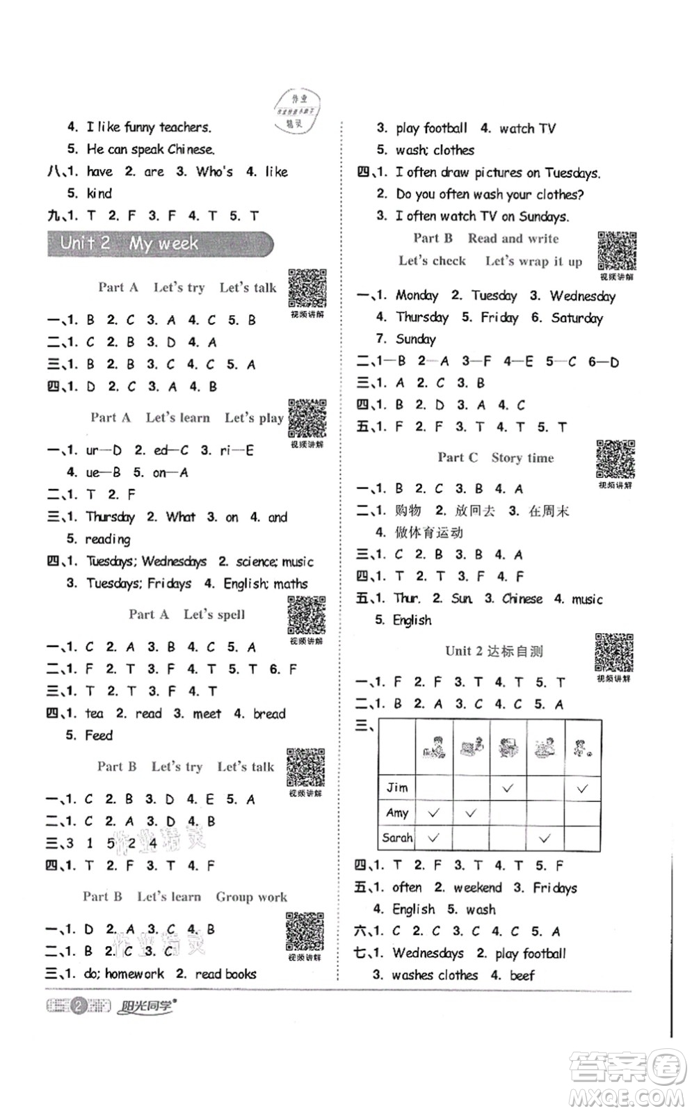 江西教育出版社2021陽光同學課時優(yōu)化作業(yè)五年級英語上冊PEP版答案