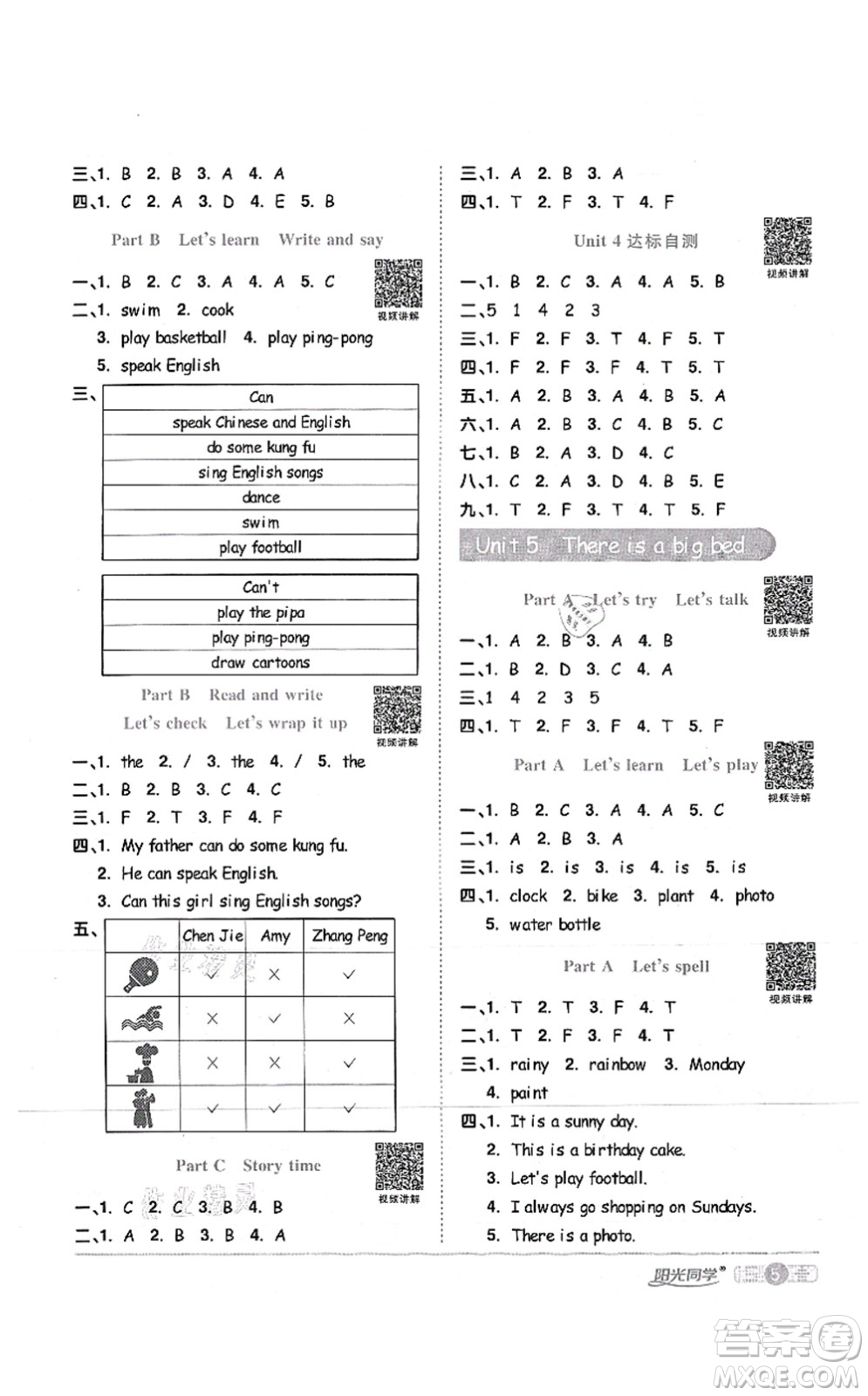 江西教育出版社2021陽光同學課時優(yōu)化作業(yè)五年級英語上冊PEP版答案