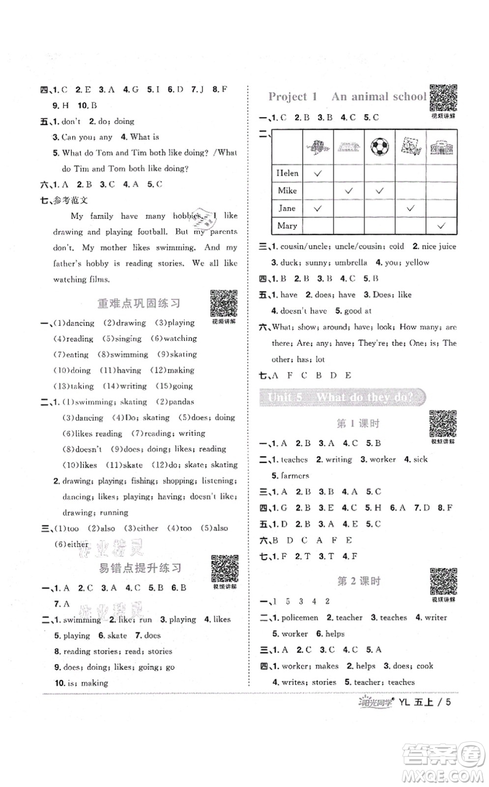 江西教育出版社2021陽光同學課時優(yōu)化作業(yè)五年級英語上冊YL譯林版淮宿連專版答案