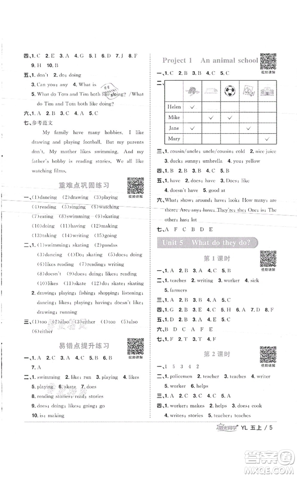 江西教育出版社2021陽光同學(xué)課時(shí)優(yōu)化作業(yè)五年級英語上冊YL譯林版徐州專版答案