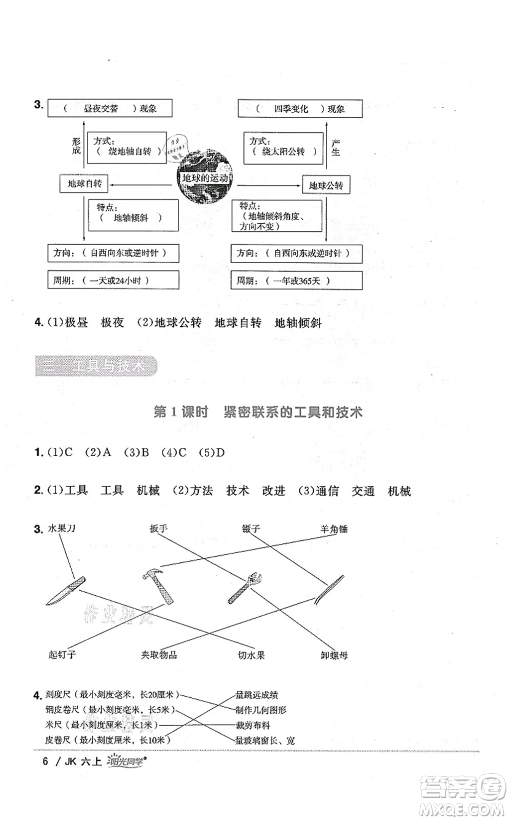 江西教育出版社2021陽光同學課時優(yōu)化作業(yè)六年級科學上冊JK教科版答案