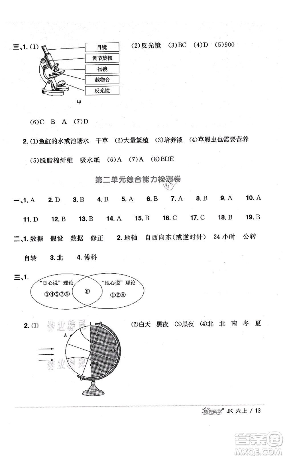 江西教育出版社2021陽光同學課時優(yōu)化作業(yè)六年級科學上冊JK教科版答案