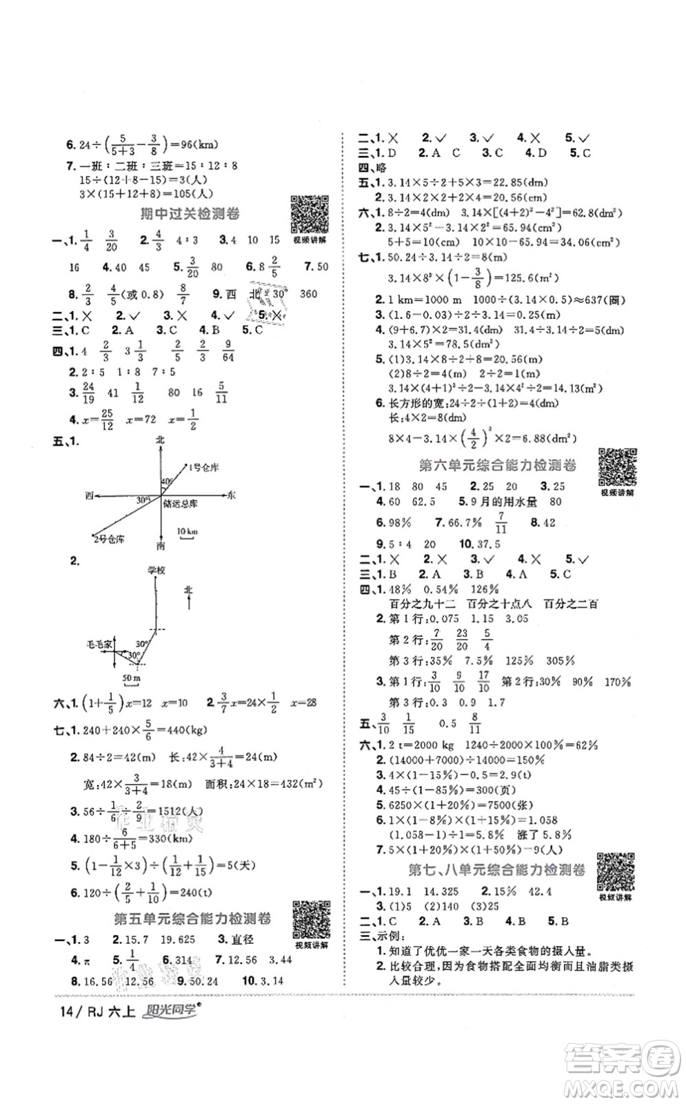 江西教育出版社2021陽光同學(xué)課時優(yōu)化作業(yè)六年級數(shù)學(xué)上冊RJ人教版湖北專版答案