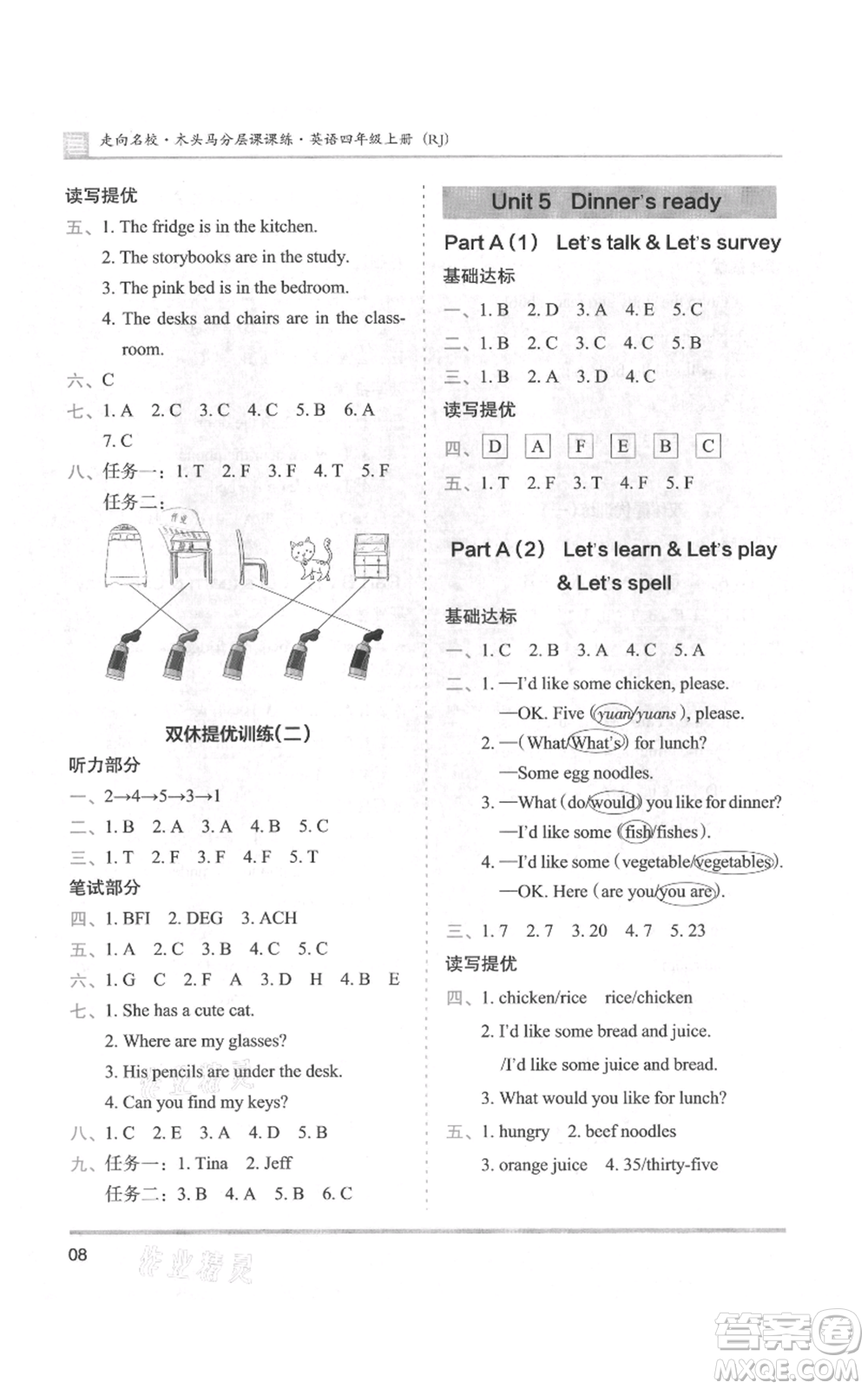 湖南師范大學(xué)出版社2021木頭馬分層課課練四年級(jí)上冊(cè)英語人教版參考答案