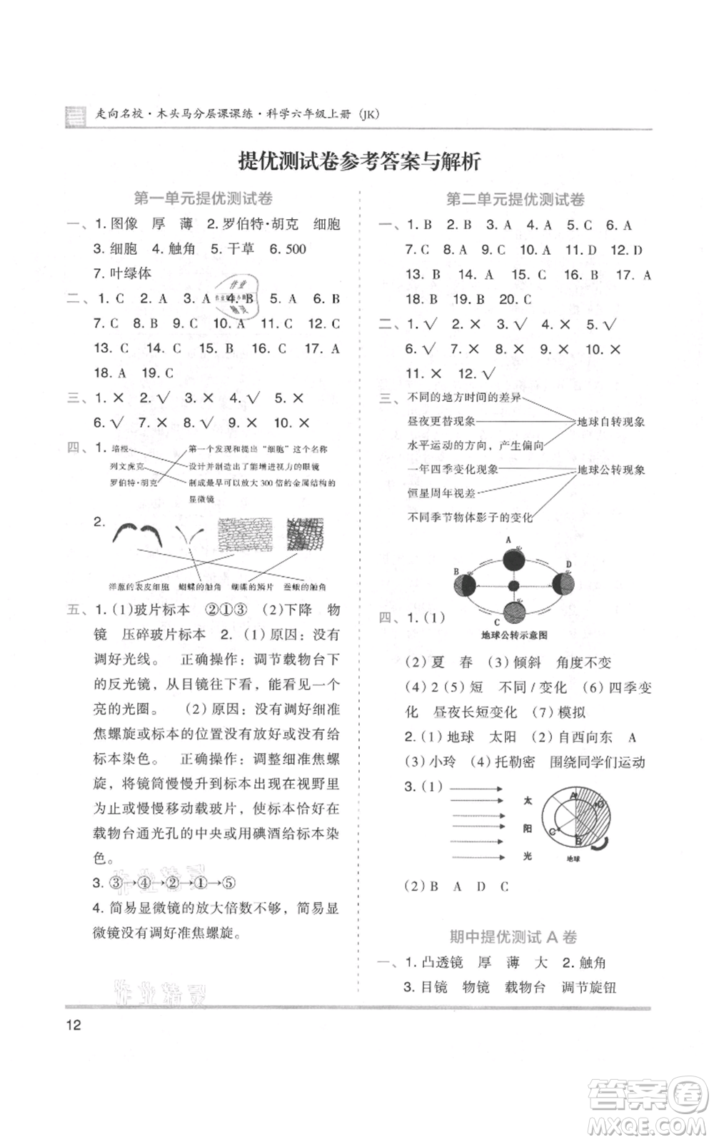 湖南師范大學出版社2021木頭馬分層課課練六年級上冊科學教科版參考答案