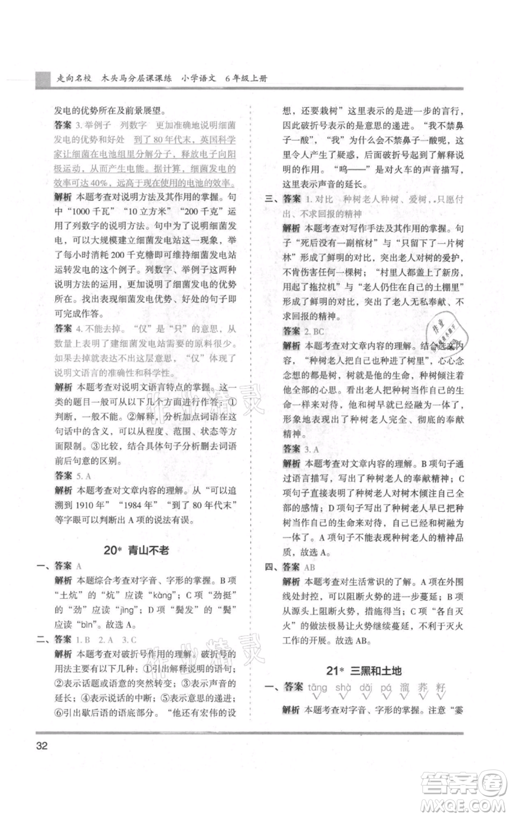 湖南師范大學(xué)出版社2021木頭馬分層課課練六年級上冊語文人教版浙江專版參考答案