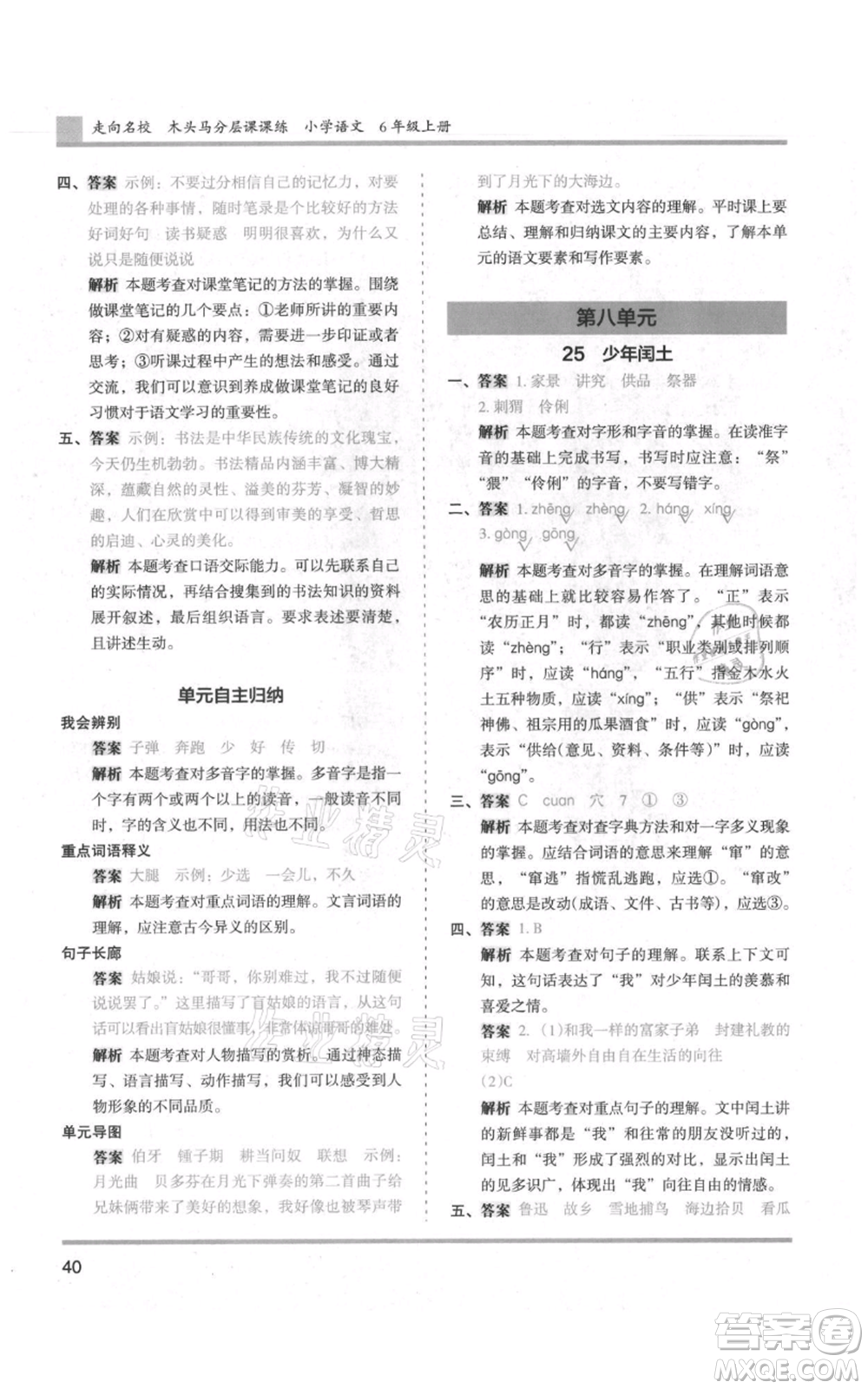 湖南師范大學(xué)出版社2021木頭馬分層課課練六年級上冊語文人教版浙江專版參考答案