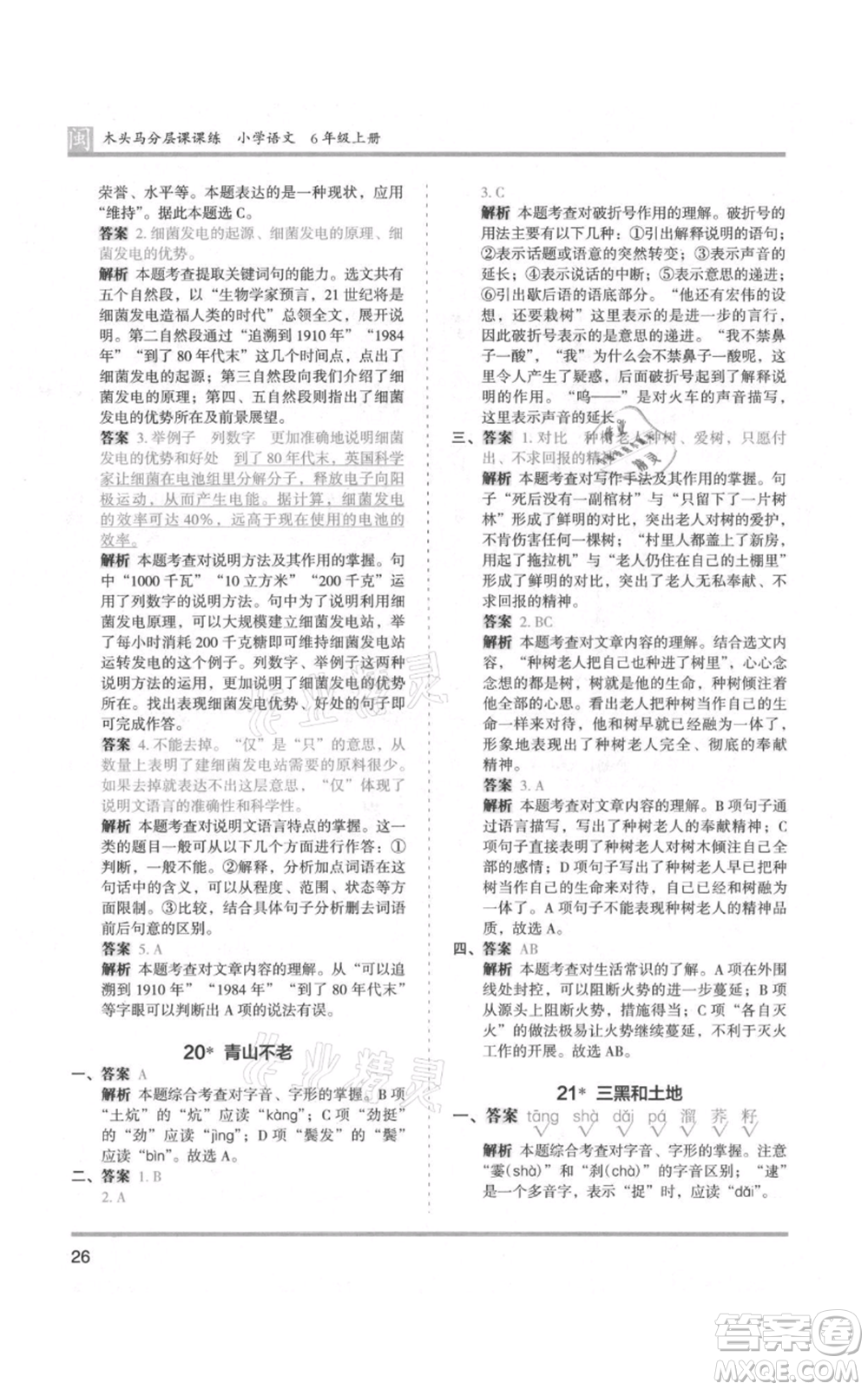 鷺江出版社2021木頭馬分層課課練六年級(jí)上冊(cè)語(yǔ)文部編版福建專(zhuān)版參考答案