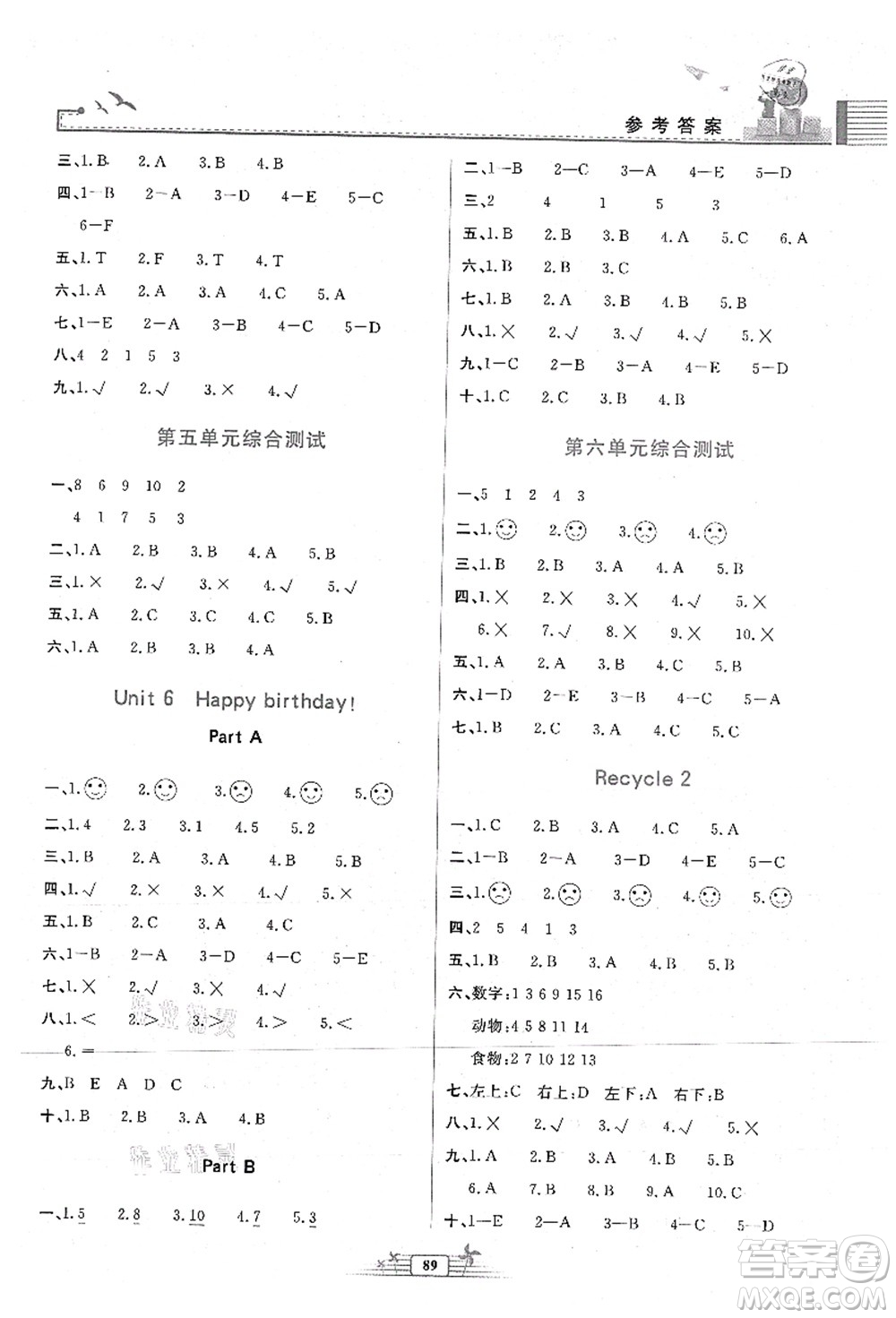 人民教育出版社2021陽光課堂金牌練習(xí)冊三年級(jí)英語上冊人教版答案