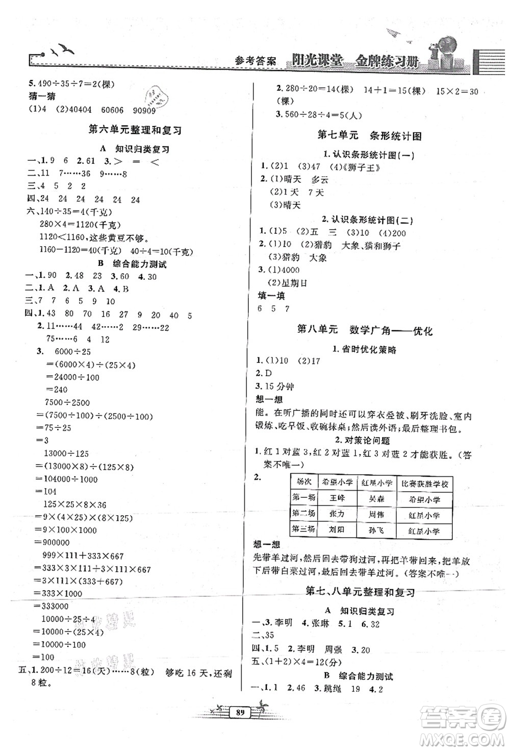 人民教育出版社2021陽光課堂金牌練習(xí)冊(cè)四年級(jí)數(shù)學(xué)上冊(cè)人教版答案