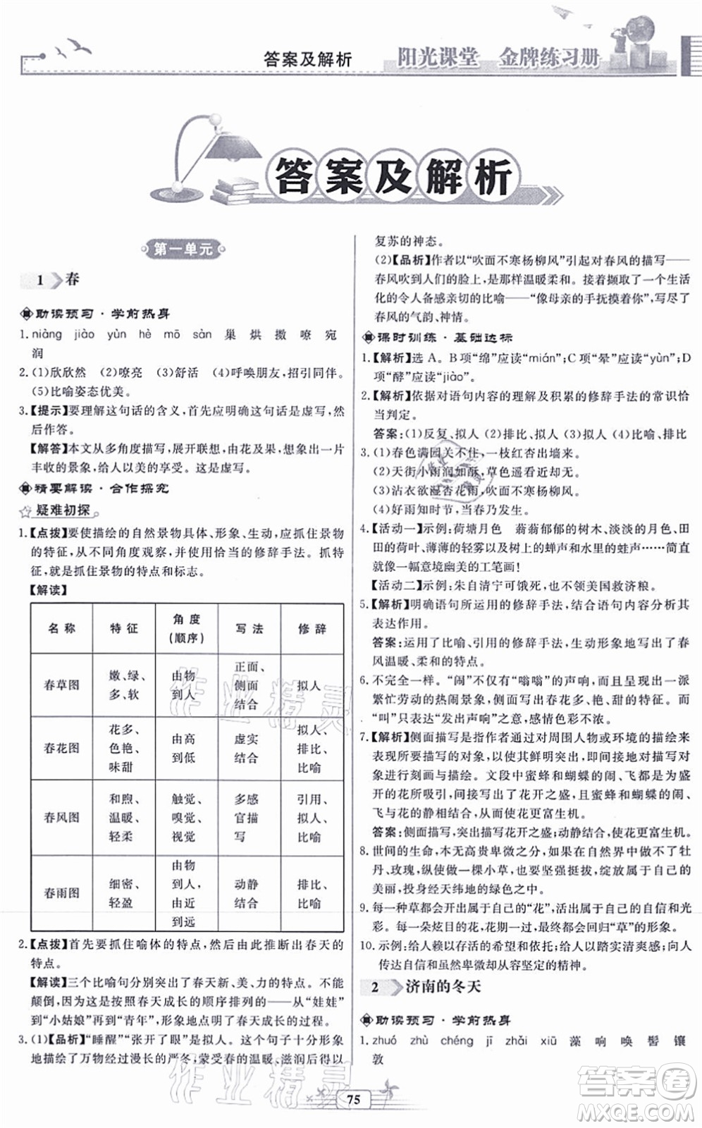 人民教育出版社2021陽(yáng)光課堂金牌練習(xí)冊(cè)七年級(jí)語(yǔ)文上冊(cè)人教版福建專(zhuān)版答案