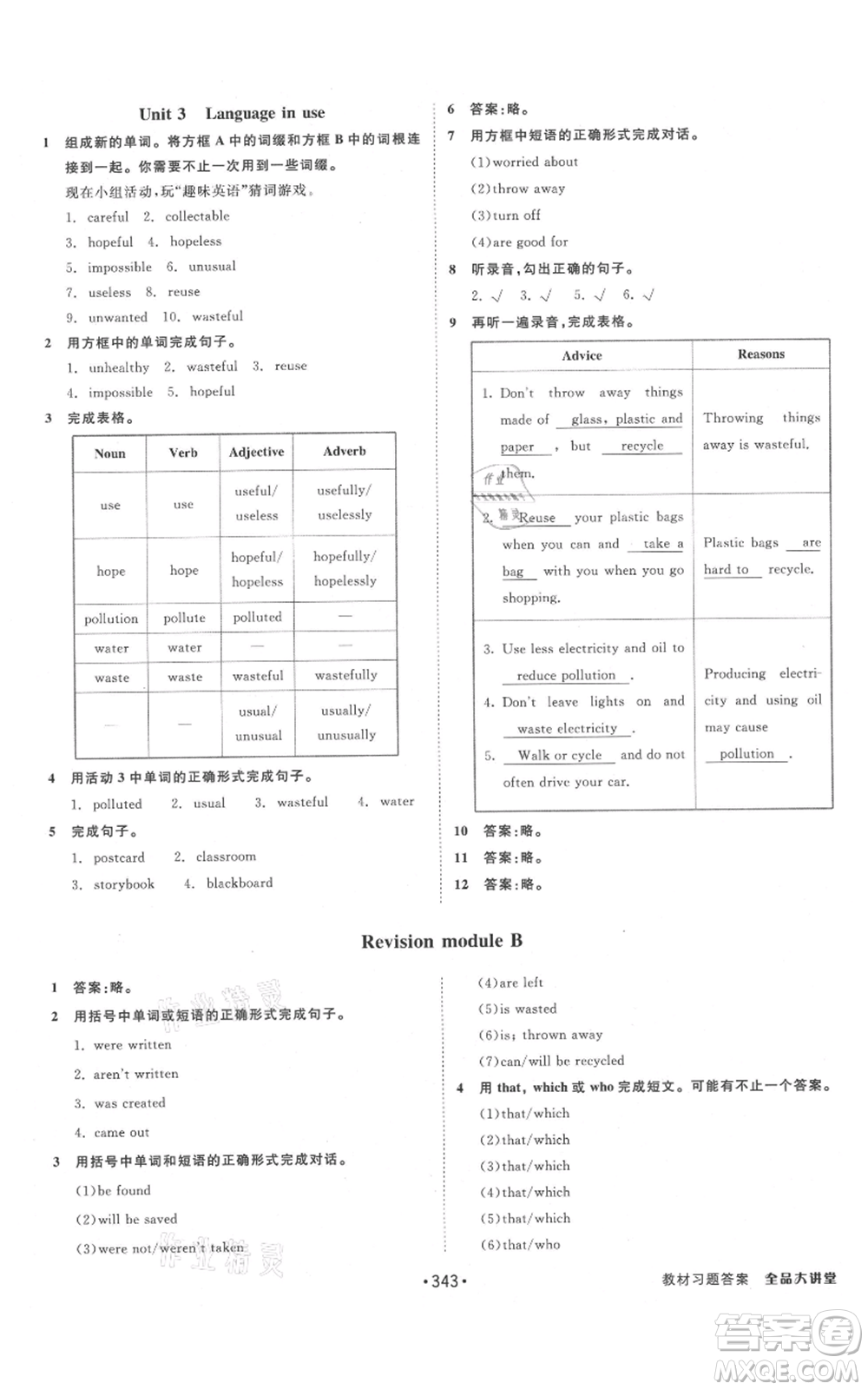 開明出版社2021全品大講堂九年級上冊初中英語外研版參考答案