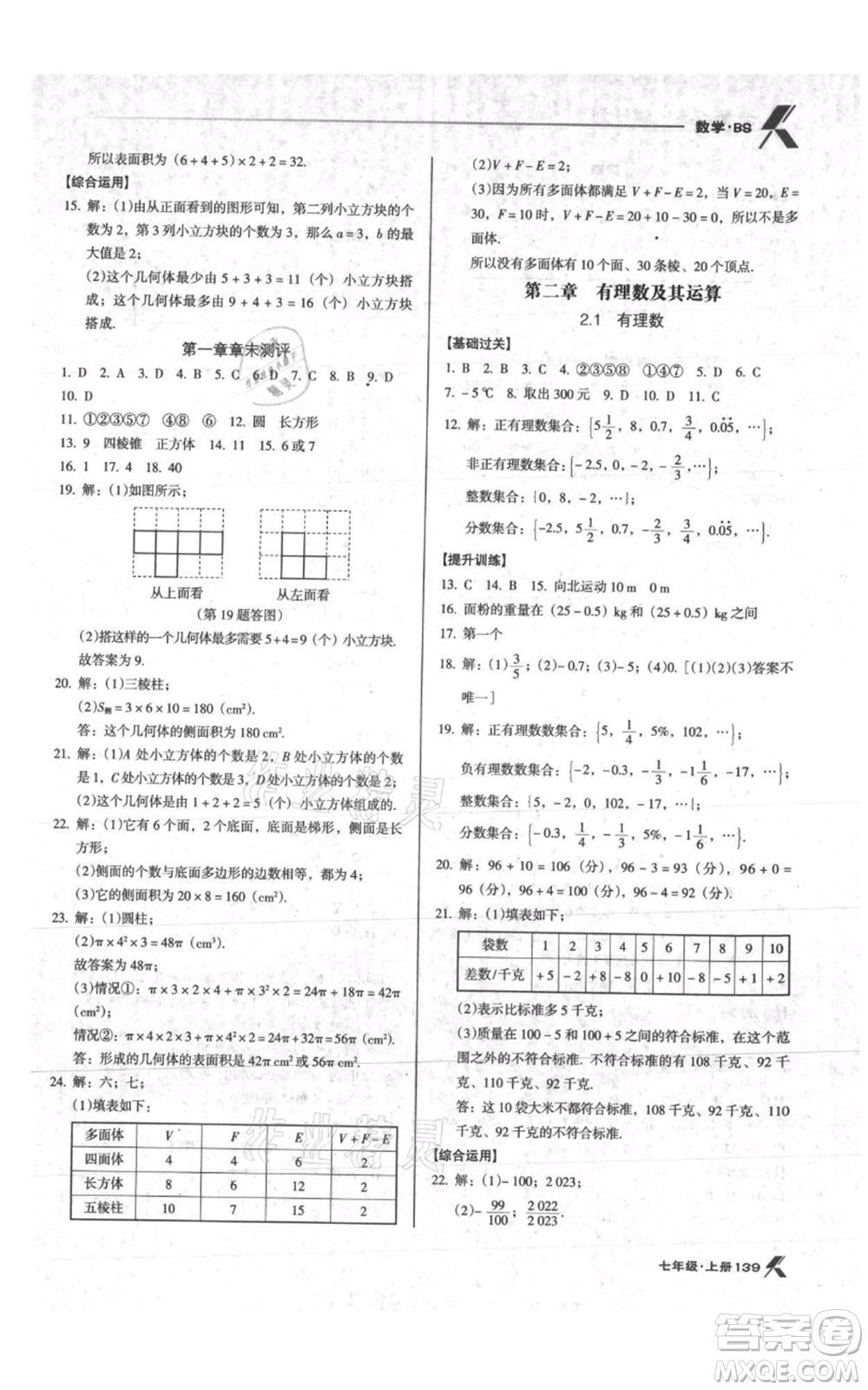 遼海出版社2021全優(yōu)點(diǎn)練課計(jì)劃七年級(jí)上冊(cè)數(shù)學(xué)北師大版參考答案